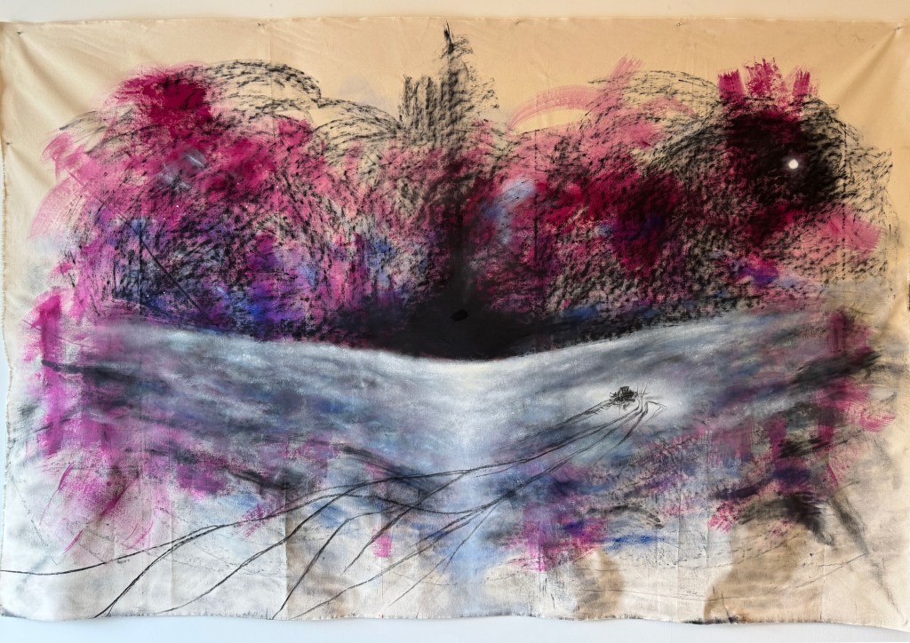 Acrylic, charcoal, and oil paint on raw canvas. 6'x12'